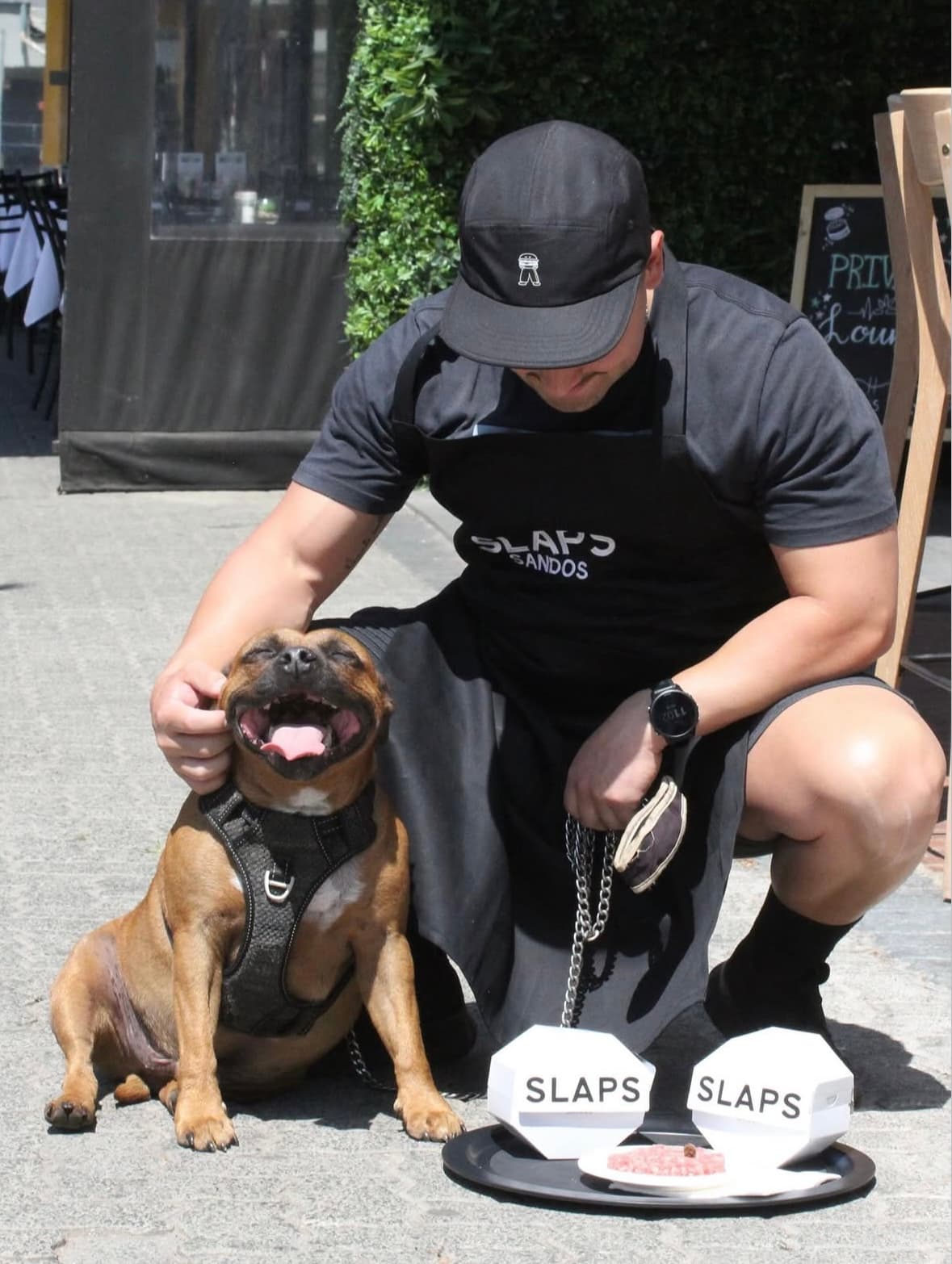 A SLAPS Sandos staff member crouching with a happy dog beside a tray of SLAPS boxes